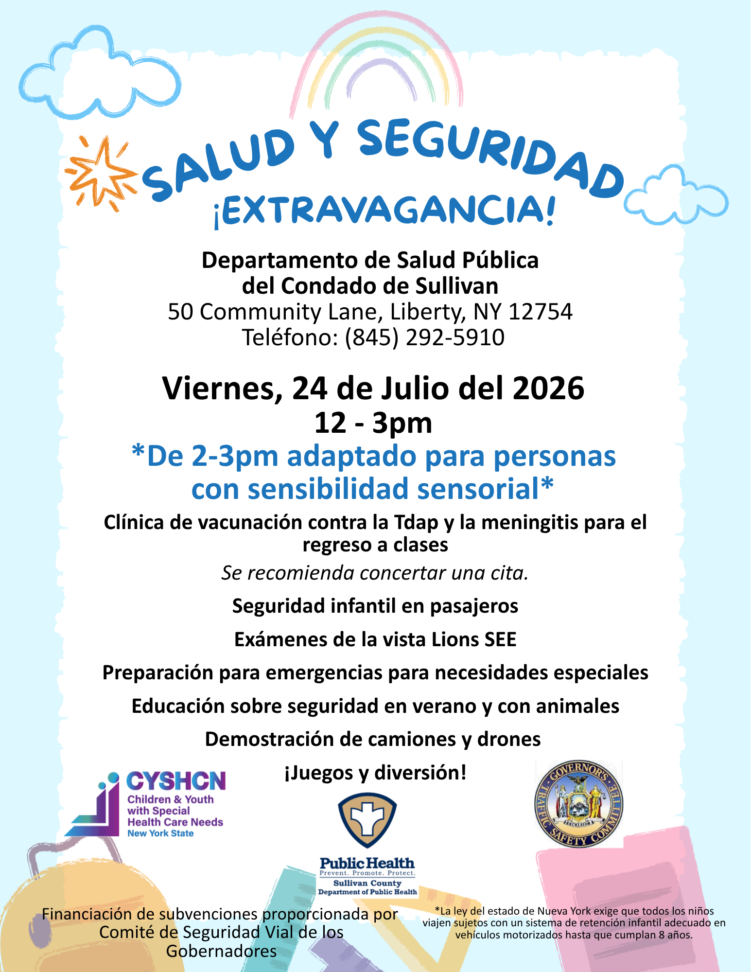 Salud y Seguridad Extravagancia, 24 de Julio del 2026, 12-3pm. Telefono: 845-292-5910