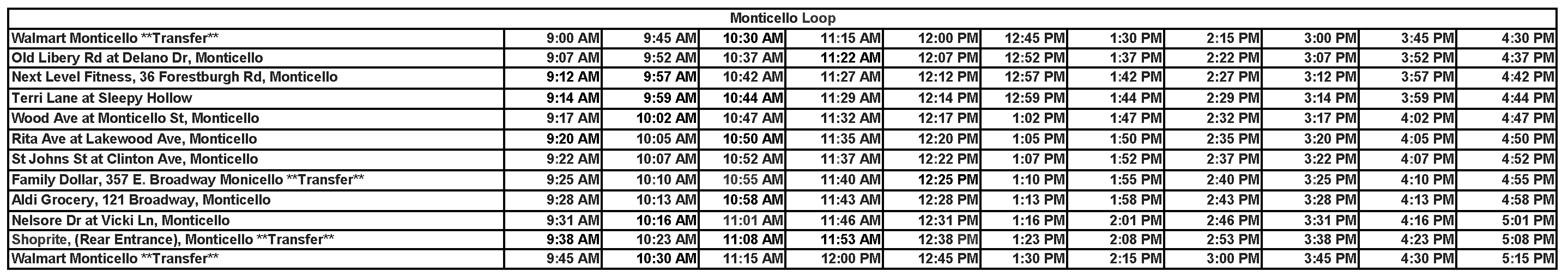 Revised Monticello Loop Schedule