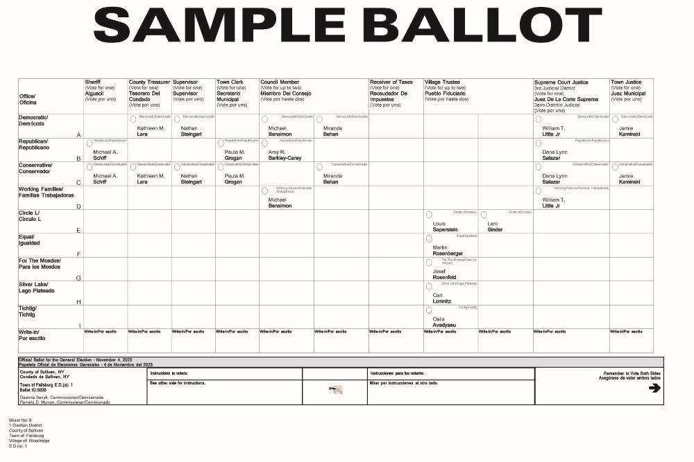 Fallsburg (Woodridge) Sample Ballot - Page 1