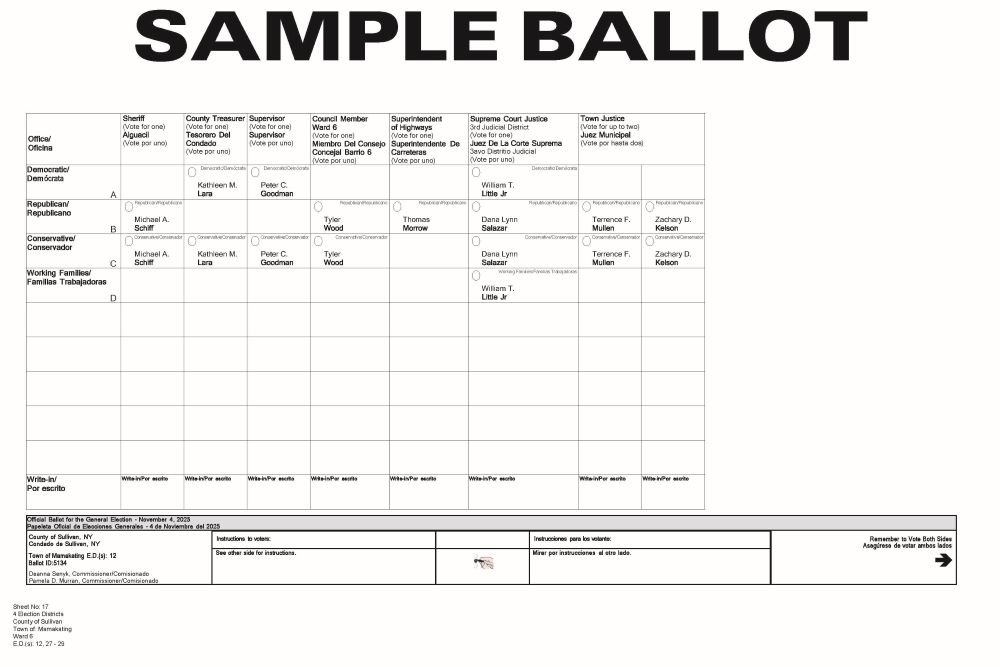 Mamakating Ward 6 Sample Ballot (not including Bloomingburg) - Page 1