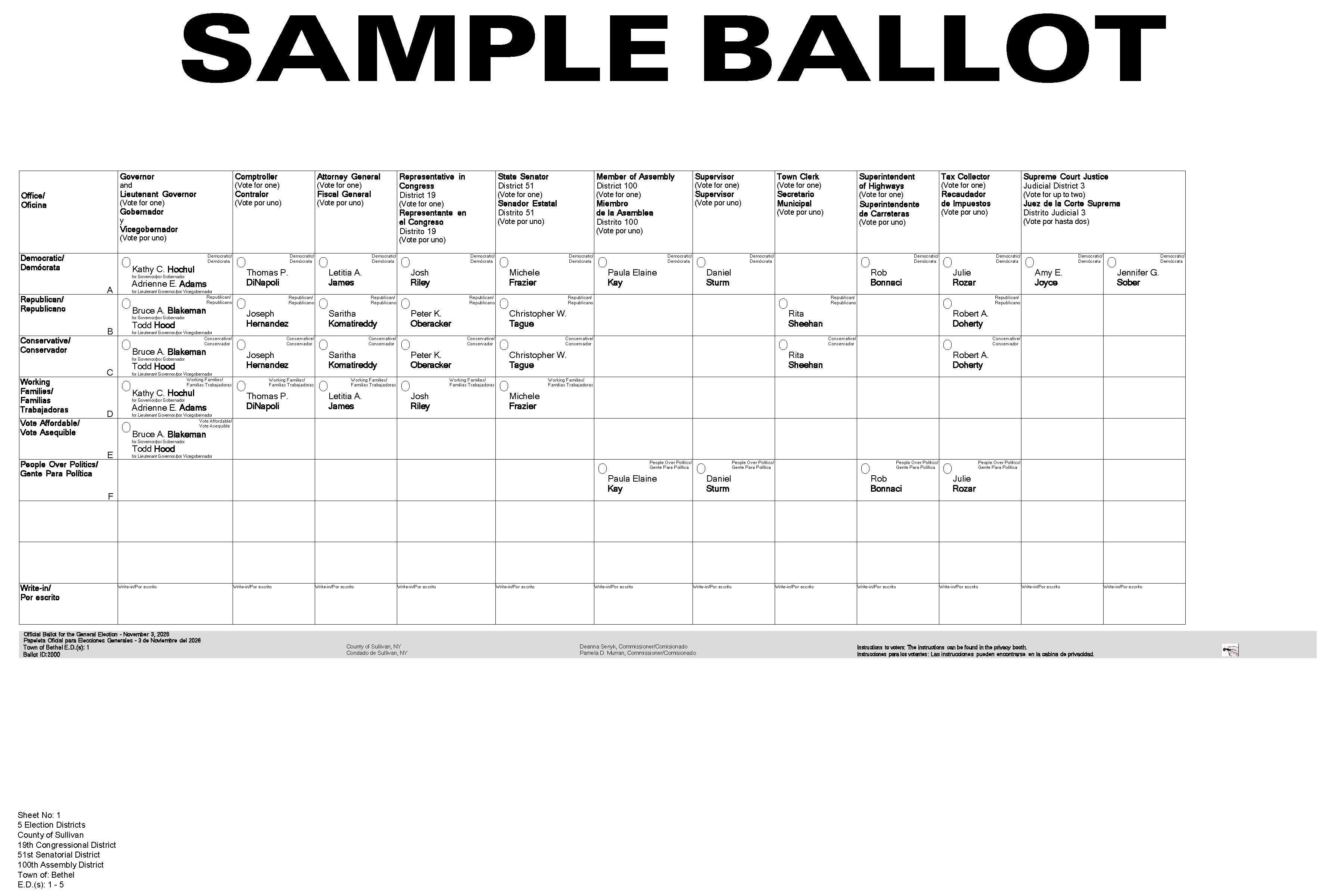Town of Bethel Sample Ballot