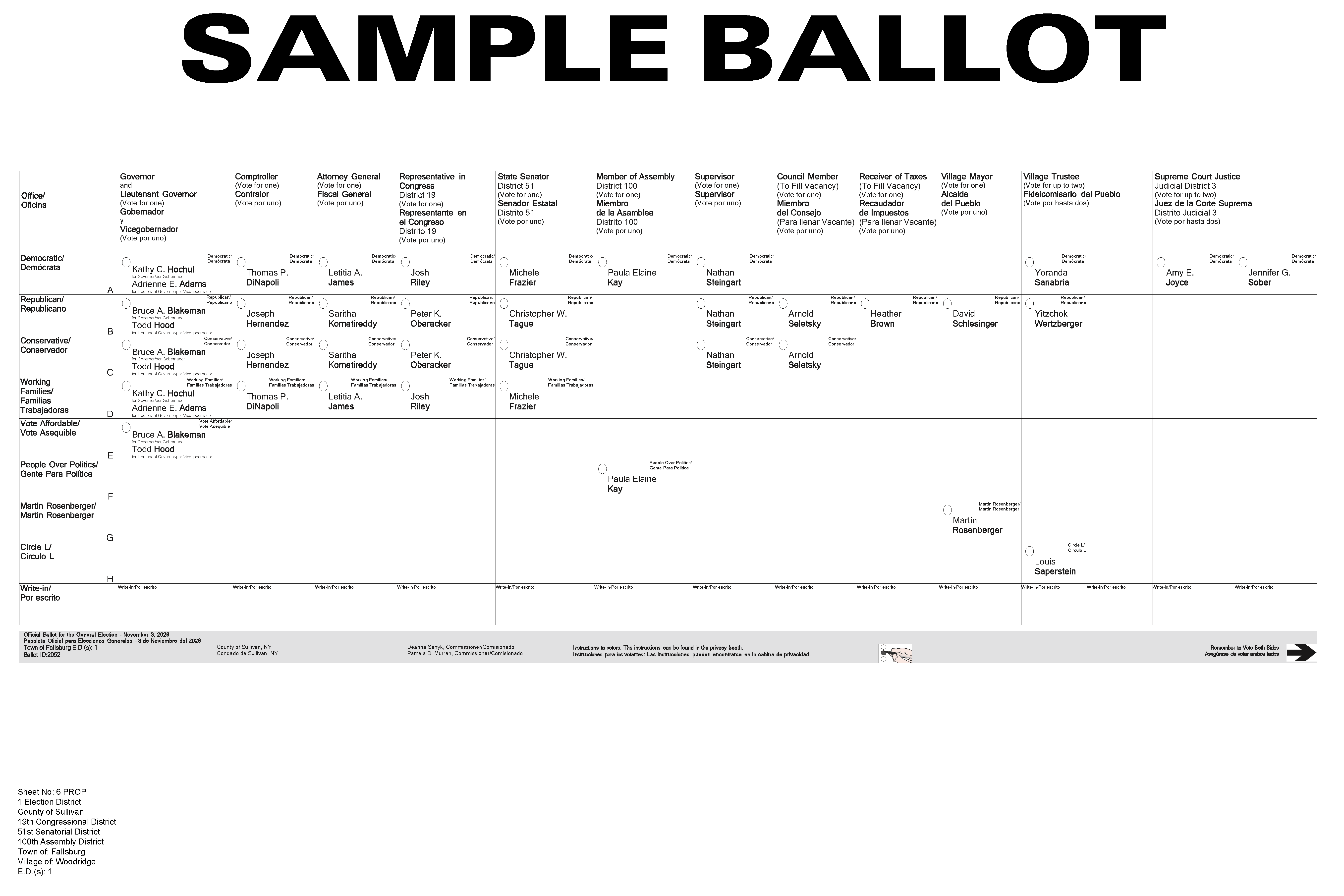 Town of Fallsburg Village of Woodridge Sample Ballot, Page 1