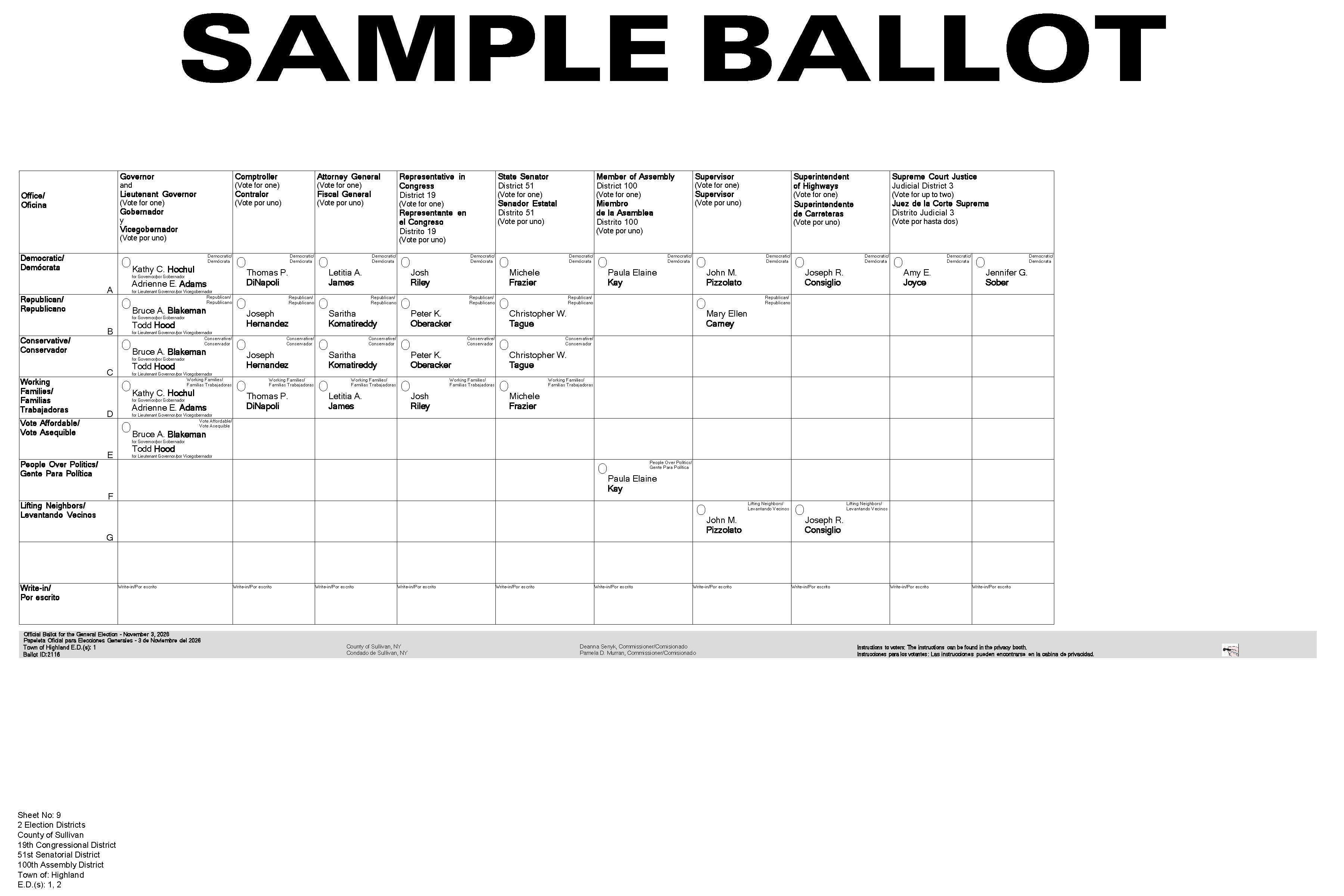 Town of Highland Sample Ballot
