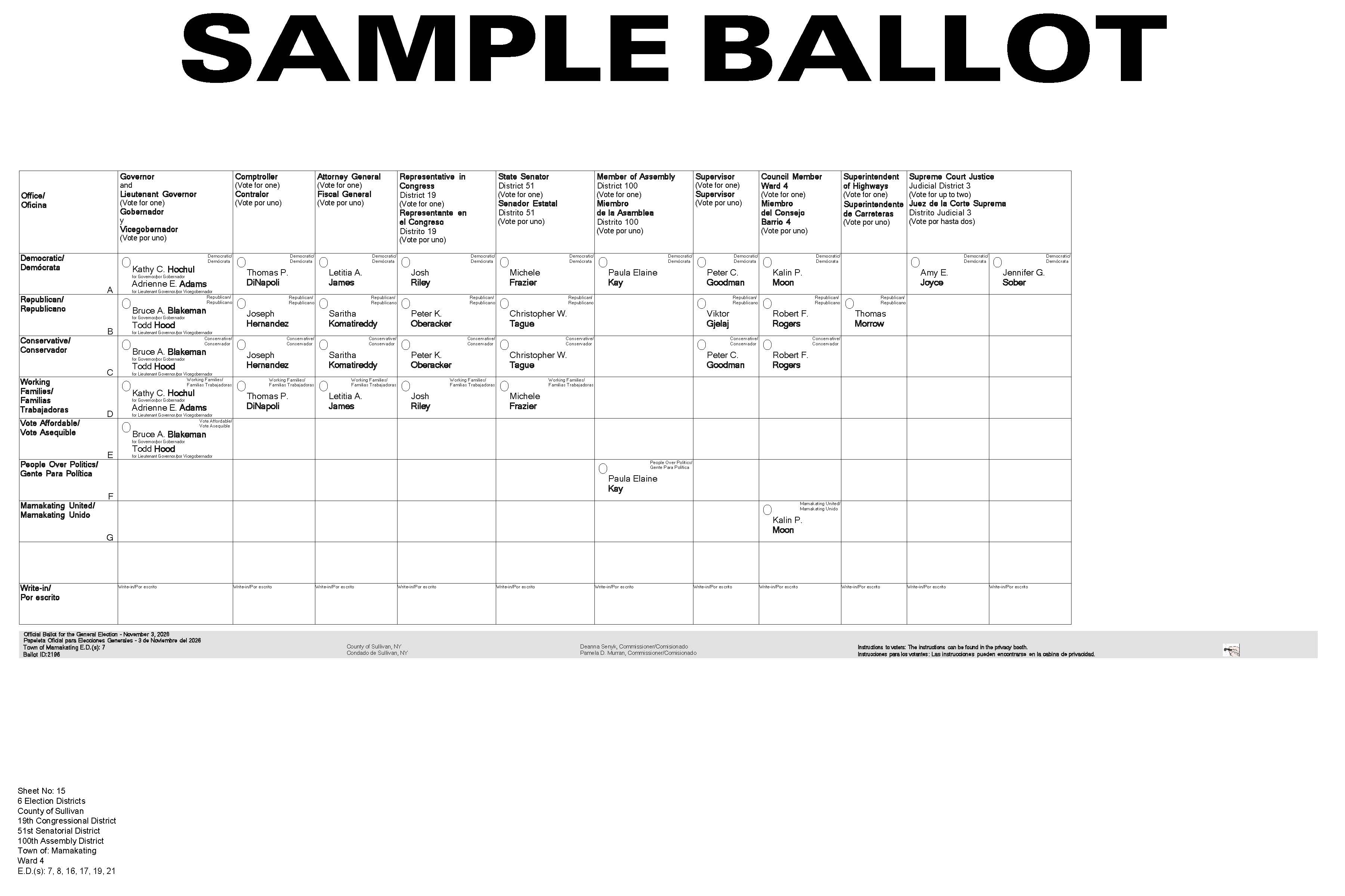 Town of Mamakating Sample Ballot, Ward 4