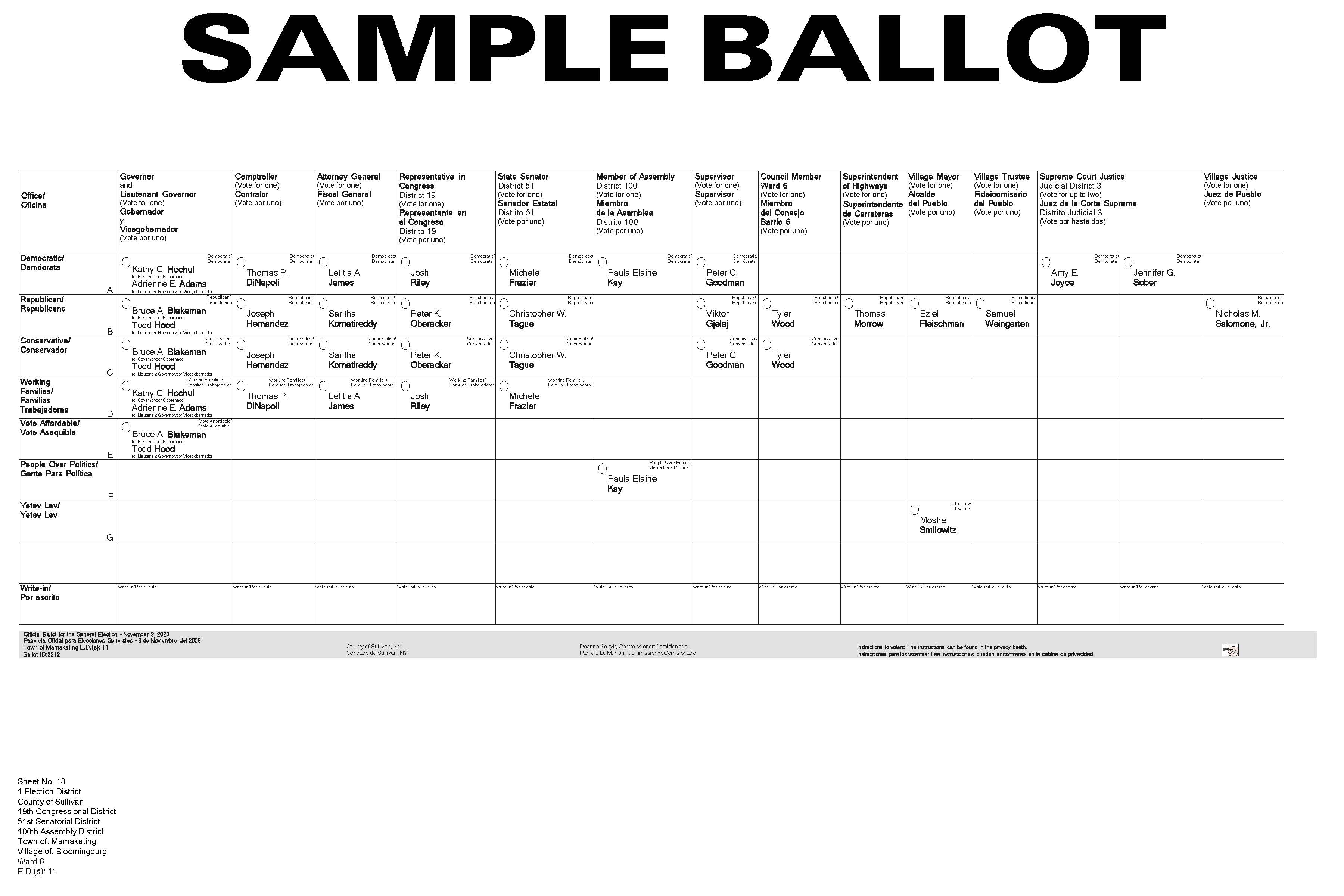 Town of Mamakating Sample Ballot, Ward 6, Village of Bloomingburg