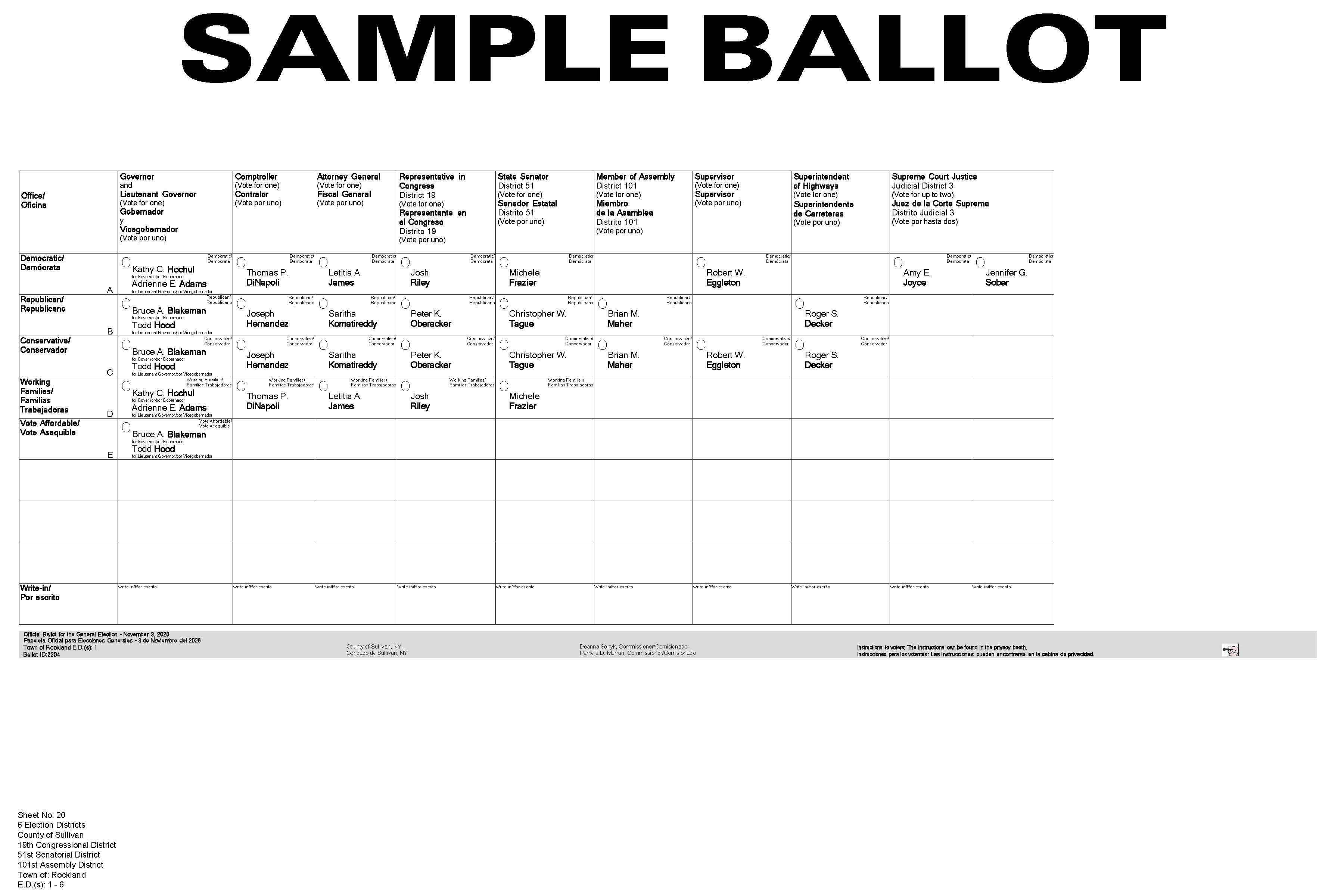 Town of Rockland Sample Ballot