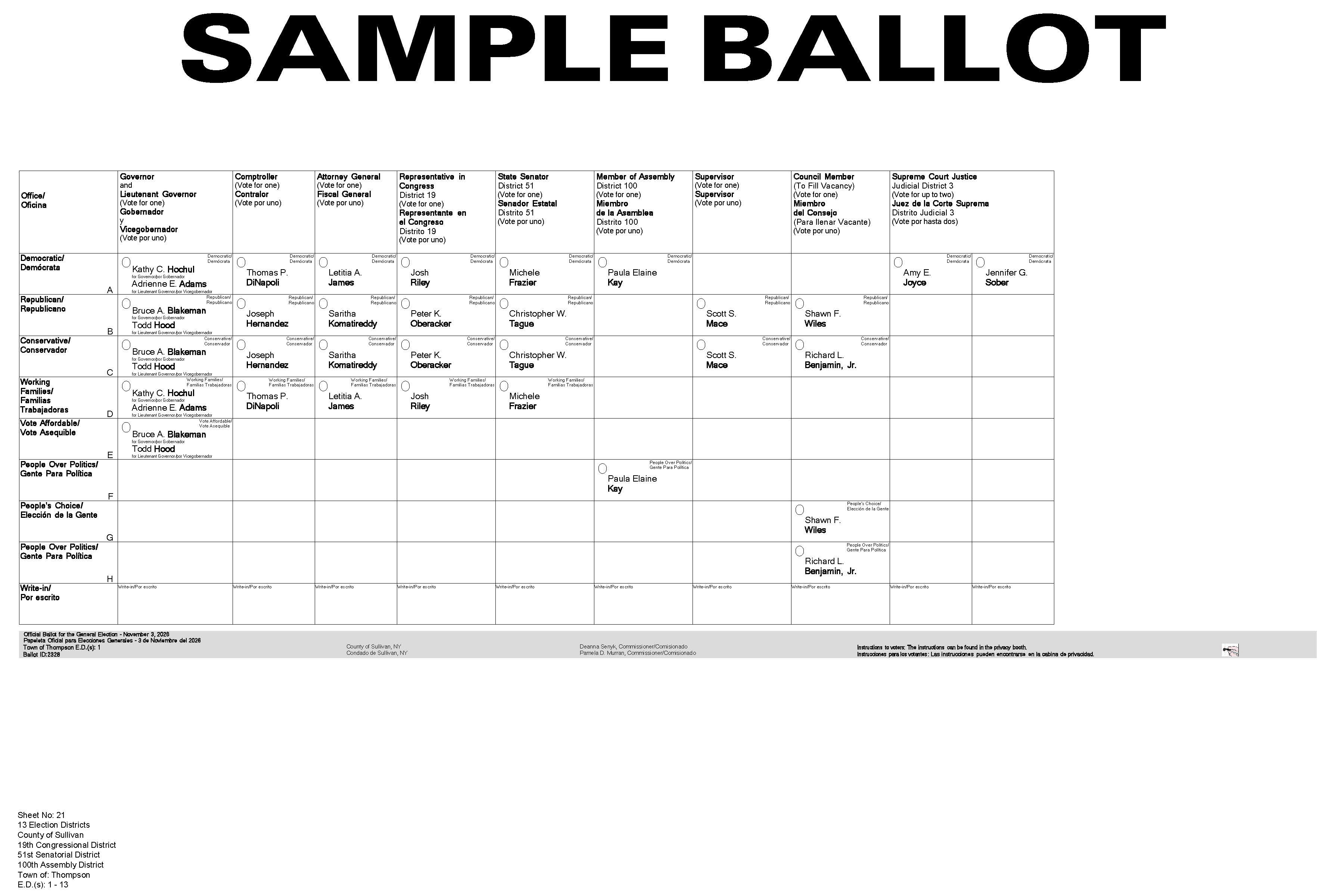 Town of Thompson Sample Ballot